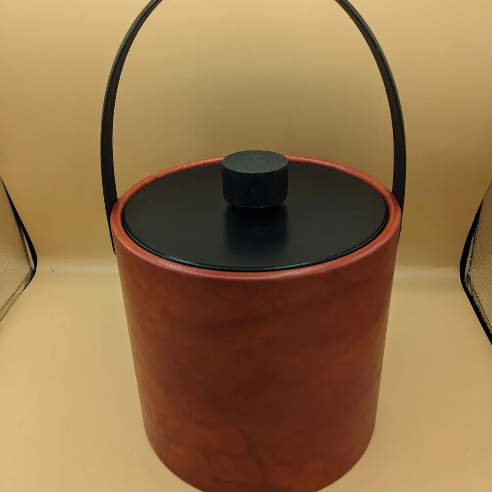 Irvinware Vintage Faux Leather Vinyl Blood Orange Ice Bucket w/ Black Lid Handle